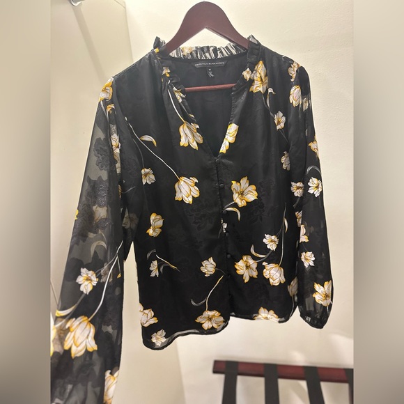 White House Black Market Floral Blouse, black, size 10 - Picture 3 of 7